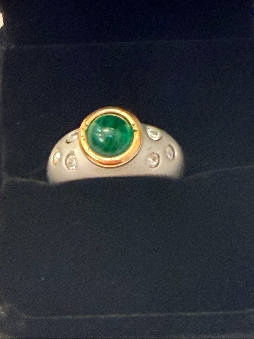 Silver-Tone Green Cabochon Clear Stone Statement Ring, Size 7.5-8